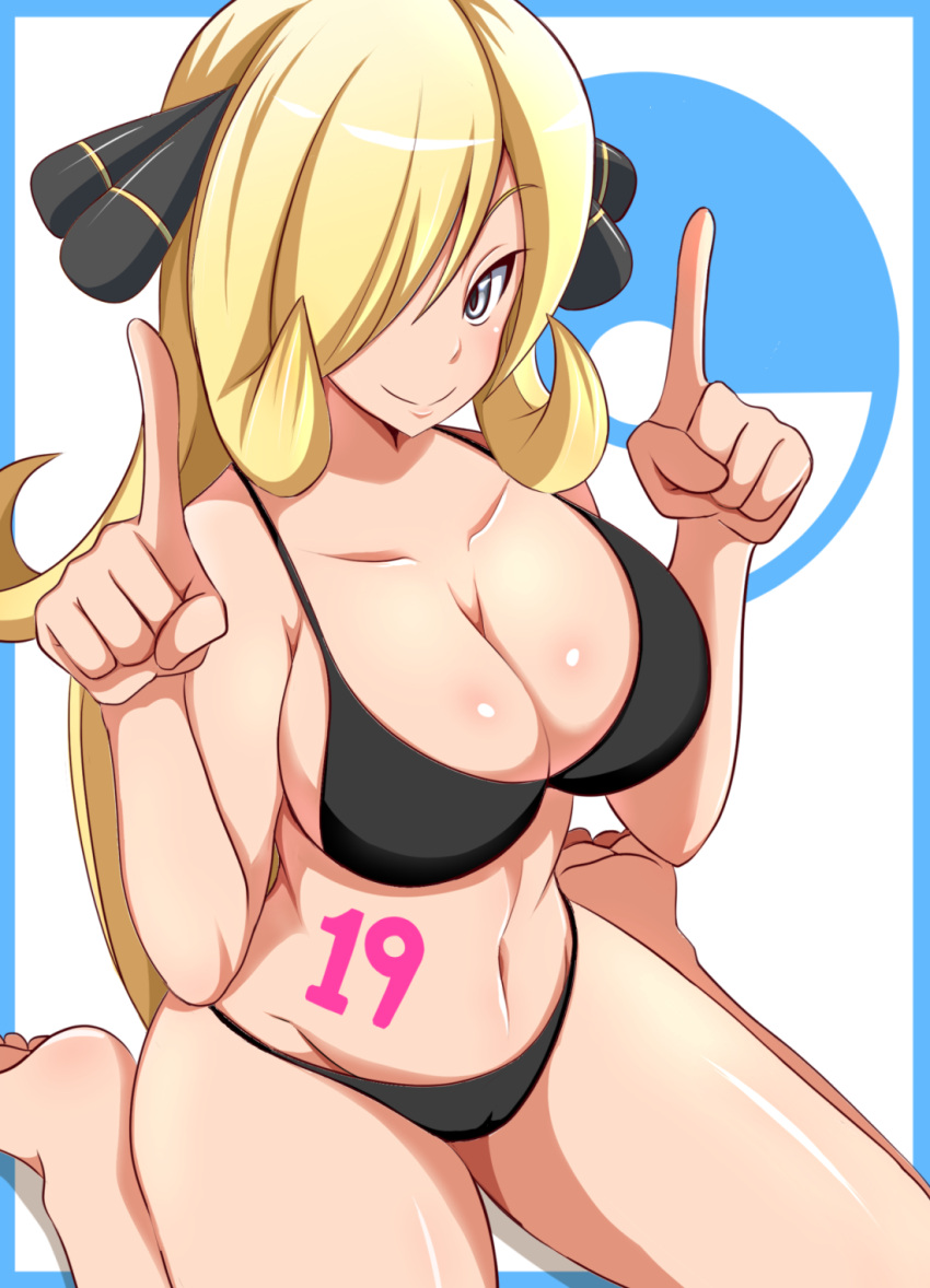 1girls big_breasts bikini blonde blonde_female blonde_hair blonde_hair_female breasts cynthia_(pokemon) eye_contact grey_eyes hair_ornament honotomo7 looking_at_viewer nintendo pokemon pokemon_champion pokemon_dppt smile thick_thighs