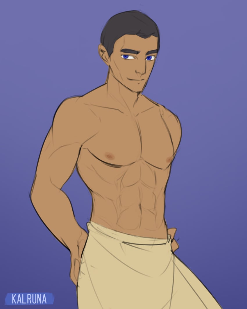 1boy 2020 blue_eyes disney ezra_bridger jedi kalruna looking_at_viewer male_focus male_only muscular muscular_male nipples pose short_hair simple_background smile star_wars star_wars_rebels watermark