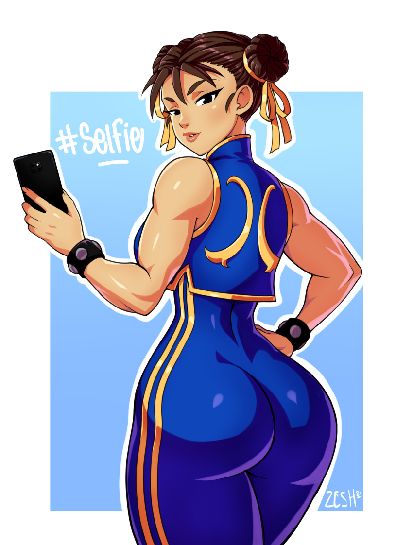 1girls ass big_ass brown_hair cellphone chun-li clothed female female_only hand_on_hip looking_at_viewer looking_back muscular_arms muscular_female parted_lips skin_tight solo street_fighter text thick_thighs tight_clothing zeshgolden