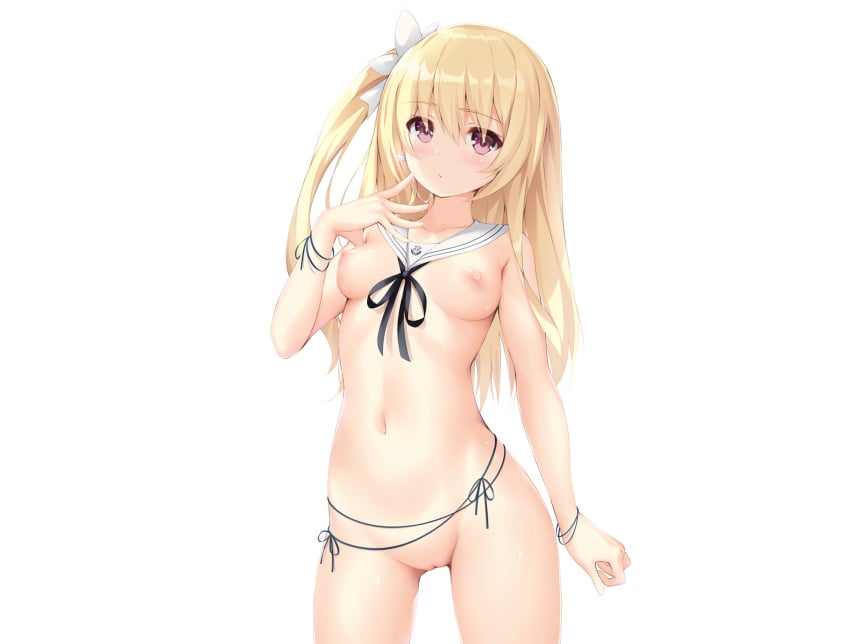 blonde_hair blush date_a_live date_a_live:_mayuri_judgement female_only long_hair mayuri_(date_a_live) navel nude pink_eyes ponytail pussy ribbons solo_female toeri uncensored white wristwear