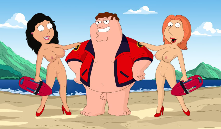 1boy 2girls accurate_art_style areolae balls barefoot beach big_breasts bonnie_swanson breasts casual coat ear_piercing earrings eyewear family_guy female flaccid footwear foreskin glasses gp375 half-closed_eyes high_heels highres human innie_pussy lifeguard lois_griffin long_foreskin male milf nipples nude nude_female nude_male obese on_model outerwear overweight overweight_male pale_skin partially_clothed penis peter_griffin public pussy rescue_buoy seaside small_penis uncircumcised uncut unretracted_foreskin