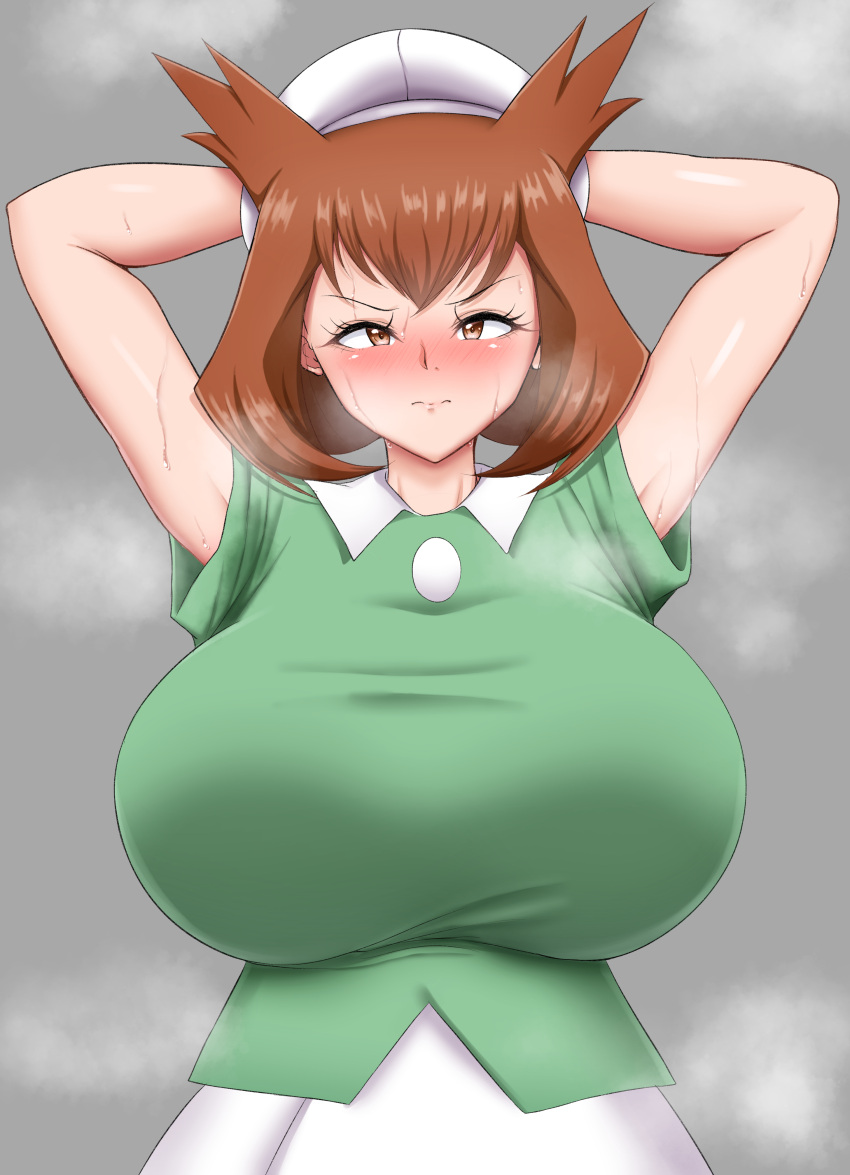 1girls 200mitrasi alternate_breast_size armpits arms_behind_back arms_behind_head arms_up bianca_(pokemon_heroes) big_breasts blush breasts brown_eyes brown_hair female female_only front_view fully_clothed high_resolution huge_breasts human kanon_(pokemon) large_breasts nintendo pokemon pokemon_(movie) pokemon_heroes:_latios_and_latias short_hair solo solo_female standing sweat sweat_stain sweaty_armpits yowai_(artist)