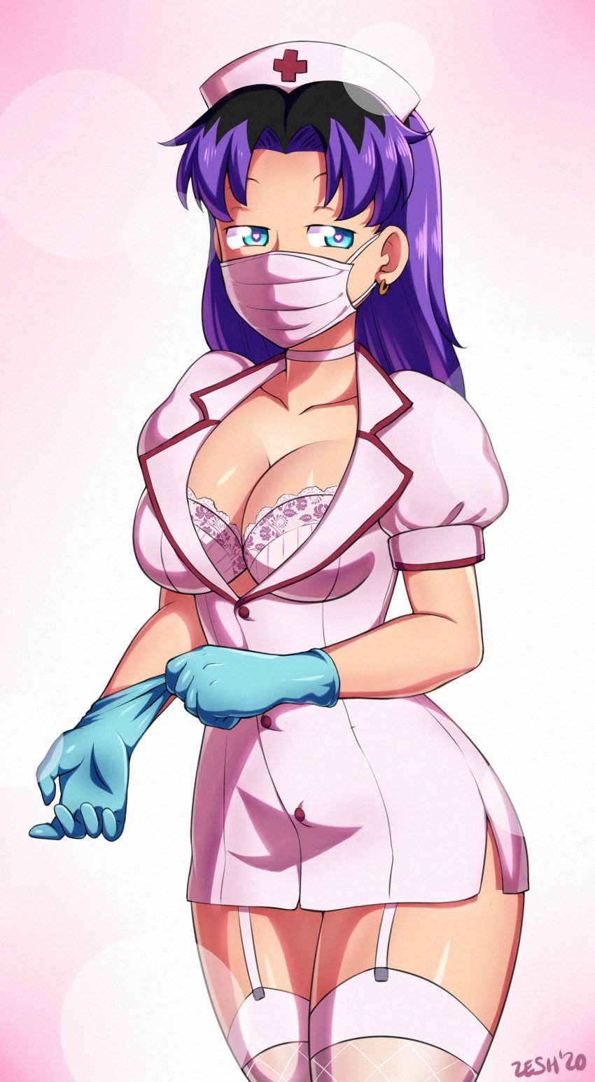 1girls black_hair blue_eyes bra bra_cups_sticking_out choker cleavage earrings face_mask female female_only fishnet_stockings garter_straps gloves heart-shaped_pupils large_breasts latex_gloves long_hair nurse nurse_cap nurse_uniform original original_character purple_hair sidney_(zeshgolden) solo stockings two_tone_hair zeshgolden