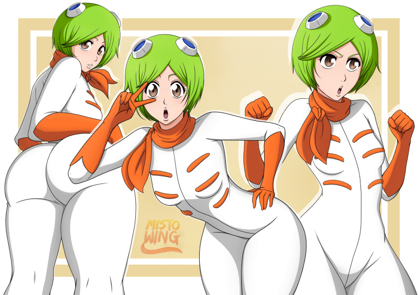 1girls ass bending_over bleach female female_only green_hair hazel_eyes kuna_mashiro mistowing orange orange_gloves solo thick_ass thighs white_suit