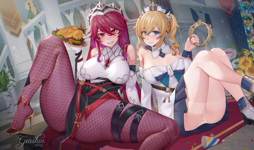 2girls anus barbara_(genshin_impact) blue_eyes brown_hair ctrlz77 dress food genshin_impact high_heels long_hair multiple_girls nun red_eyes rosaria_(genshin_impact) spread_legs twintails