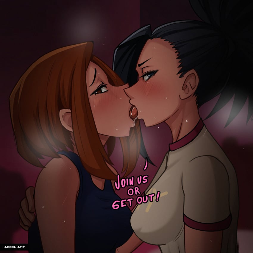 2girls accelart black_hair blush brown_eyes brown_hair clothed female female_only french_kiss kissing looking_at_viewer momo_yaoyorozu my_hero_academia ochako_uraraka ponytail saliva shounen_jump sweat talking_to_viewer text tied_hair yuri