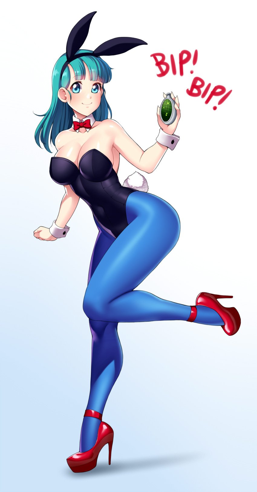 1girls bare_shoulders blue_eyes blue_hair blue_pantyhose bowtie bulma bulma_(bunny) bulma_briefs bunny_ears bunny_girl bunny_tail bunnysuit cleavage cuffs detached_collar dragon_ball dragon_ball_(classic) dragon_radar female female_only full_body fully_clothed heels high_heels large_breasts leotard looking_at_viewer one_leg_up playboy_bunny red_heels revealing_clothes smile solo teal_hair teenage_bulma teenage_girl teenager text tight_clothing wrist_cuffs zeshgolden