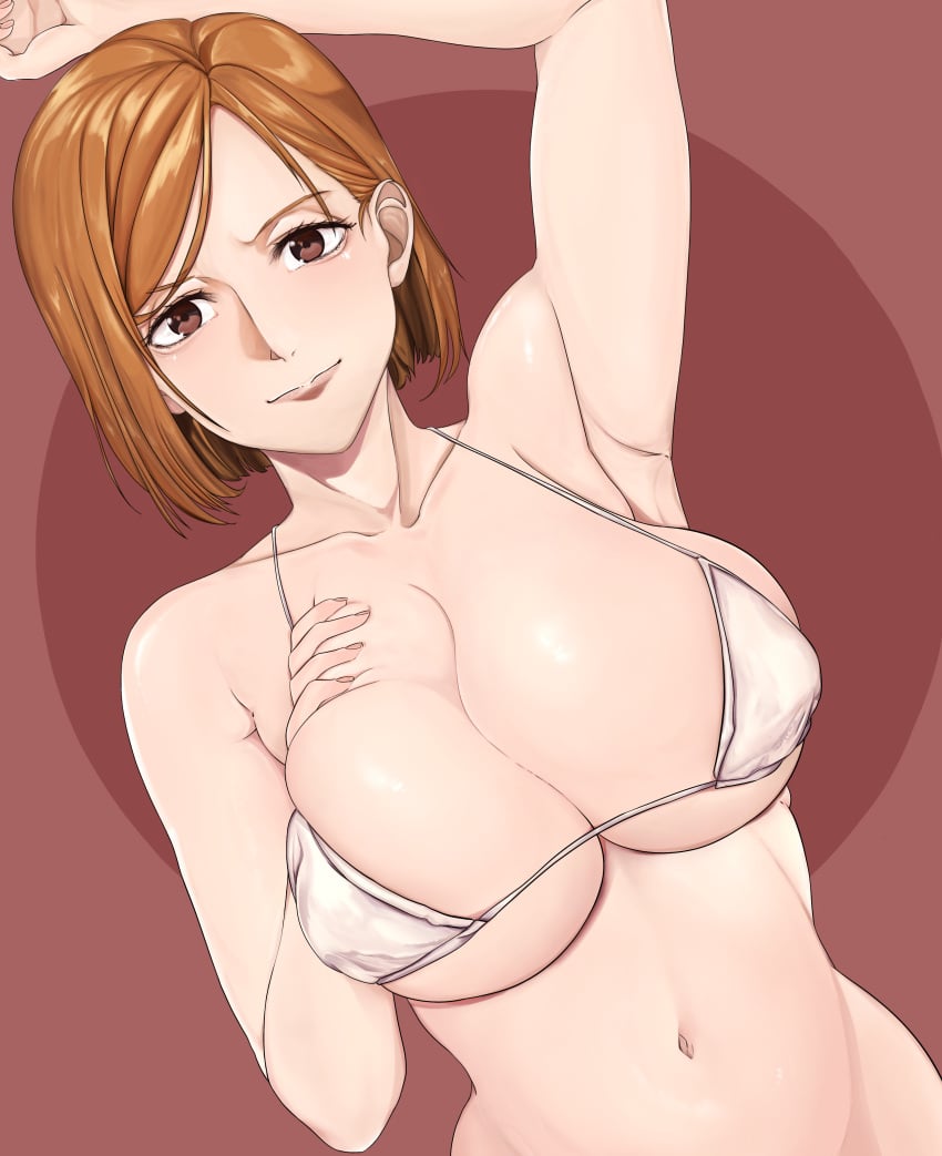 1girls 2021 arm_above_head arm_up armpit belly big_breasts bikini bikini_top bob_cut breast_squeeze breast_squish breasts brown_eyes brown_hair cleavage closed_mouth collarbone covered_nipples female female_focus female_only hand_on_breast hand_on_own_chest jujutsu_kaisen kazukine kugisaki_nobara looking_at_viewer mouth_closed navel nipple_bulge short_hair simple_background solo solo_female solo_focus upper_body white_bikini white_bikini_top