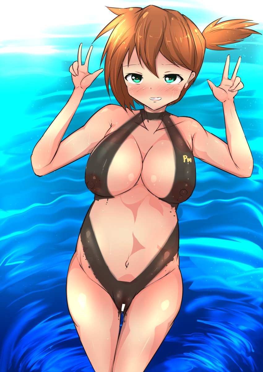 1girls alternate_breast_size big_breasts blush bodypaint breasts censored female female_only green_eyes huge_breasts human iwasaki_kagami kasumi_(pokemon) large_breasts legs navel nintendo nipples one-piece_swimsuit orange_hair painted_clothes pokemon pokemon_rgby pussy red_hair solo swimsuit the_electric_tale_of_pikachu thick thick_thighs thighs v water