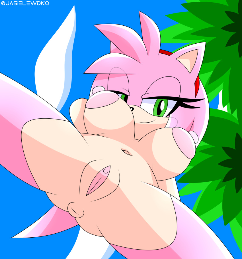 amy_rose anthro anus areola bedroom_eyes big_areola eulipotyphlan female genitals green_eyes hedgehog hi_res jasielewdko jasienorko looking_at_viewer looking_down low-angle_view mammal mobian_(species) narrowed_eyes navel nipple_bulge nipples nude outdoors pokies puffy_anus puffy_nipples pussy seductive sega smile solo sonic_(series) sonic_the_hedgehog_(series) spread_legs spreading