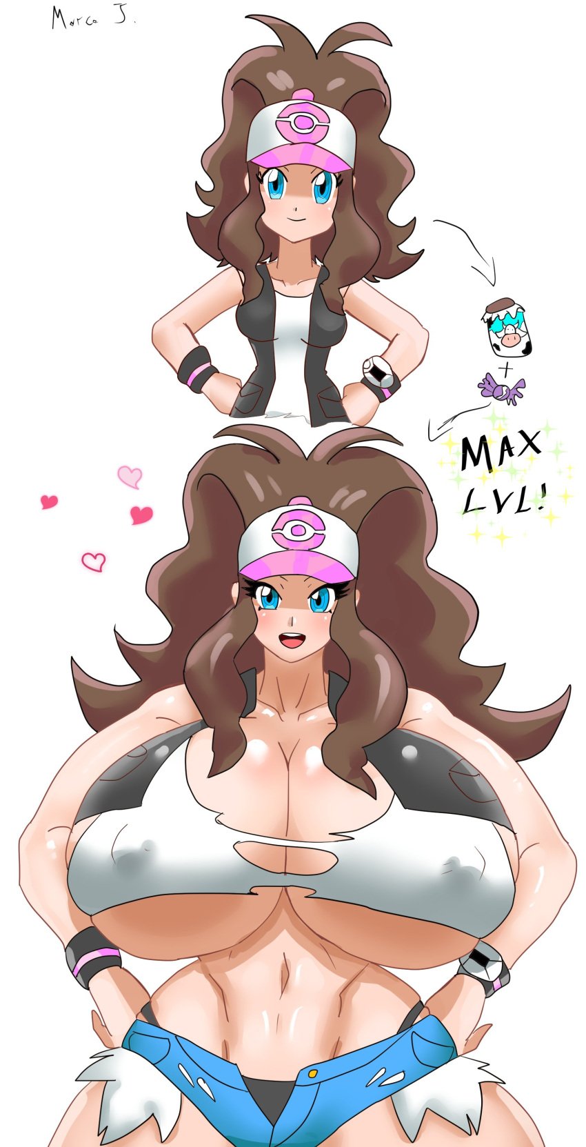 1girls age_progression alternate_breast_size artist_signature big_breasts bimbo bimbofication black_vest blue_eyes blush bottle breast_expansion breasts brown_hair cleavage collarbone denim denim_shorts female female_only gigantic_breasts hands_on_hips hat headwear heart hilda_(pokemon) hips huge_breasts huge_hips huge_thighs human human_only hyper_breasts large_breasts long_hair looking_at_viewer marcormen massive_breasts midriff milk_bottle nintendo nipple_bulge open_mouth pokemon pokemon_bw ponytail rare_candy ripped_clothing short_shorts shorts smile solo solo_female standing tagme thick_thighs thighs tight_clothing top_heavy torn_clothes underboob vest voluptuous wide_hips wristband