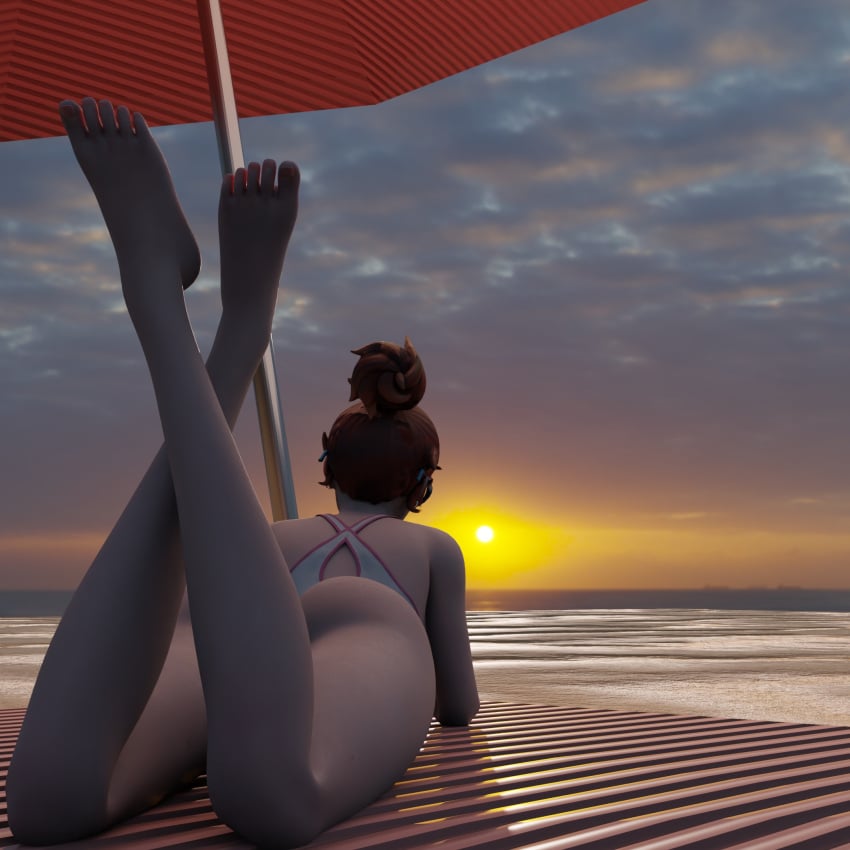 1girls 3d alternate_version_available ass beach big_ass blizzard_entertainment brown_eyes brown_hair d.va fatterrocker feet female female_only large_ass legs overwatch self_upload solo sunglasses sunset tagme white_skin