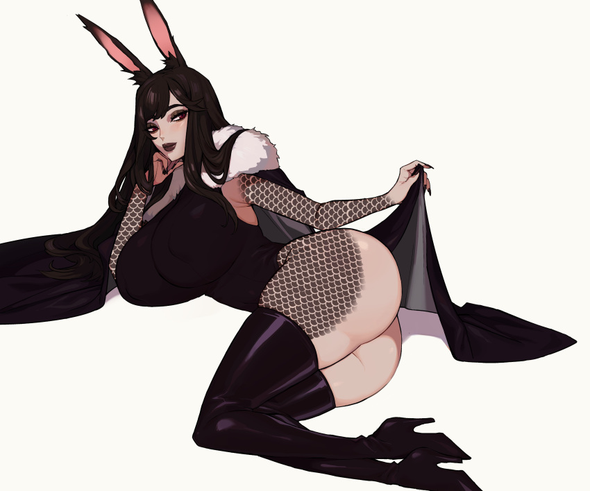 1girls 2020 absurd_res ass big_breasts black_hair black_lipstick bunny_ears bunny_girl cape ennuigrl female female_only final_fantasy final_fantasy_xiv fur_collar goth heel_boots leaning_on_elbow leotard long_hair looking_away lying lying_on_side makeup narrowed_eyes nipple_bulge red_eyes solo solo_female tattoo tattooed_arm tattooed_leg thick_thighs thigh_high_boots viera white_background ylva_nighthawk