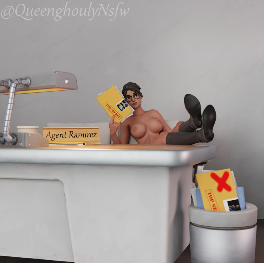 3d agent_ramirez big_breasts boots breasts completely_nude completely_nude_female crossed_legs desk female female_only fortnite glasses looking_at_viewer nude nude_female queenghoulynsfw ramirez_(fortnite) solo solo_female tagme