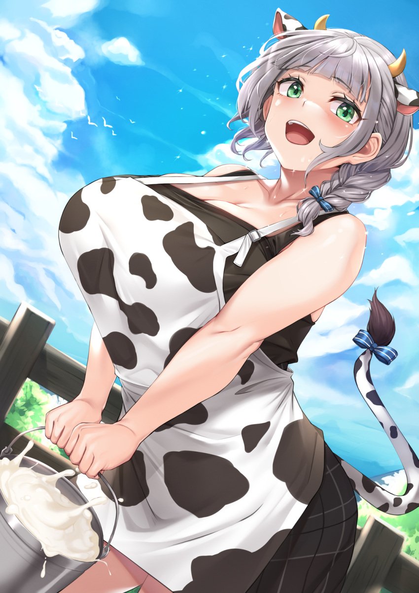 1girls apron busty cleavage cow_ears cow_girl cow_horns cow_print cow_print_apron cow_tail hololive hololive_fantasy hololive_japan hucow looking_at_viewer milk moisture_(chichi) mouth_open open_mouth shirogane_noel solo virtual_youtuber white_hair