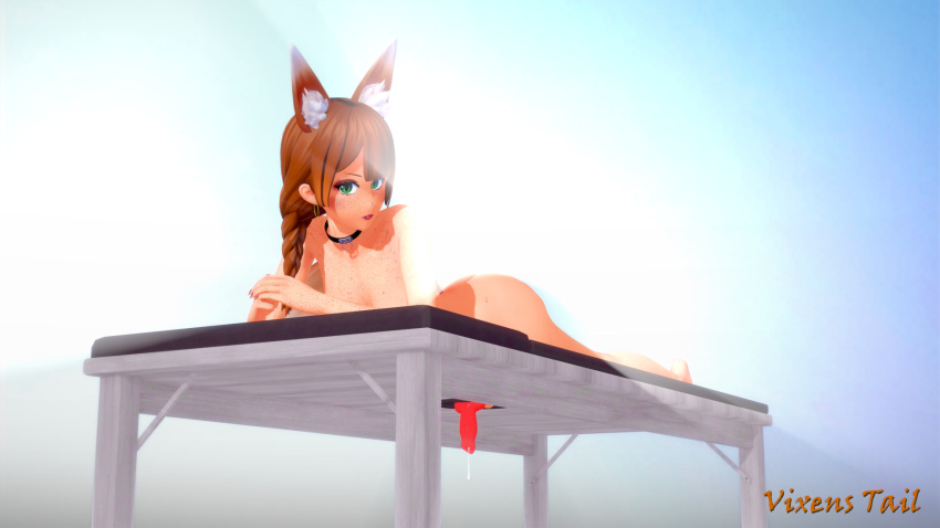 1futa animal_ears animal_genitalia areolae breasts brown_hair canine_penis cum cum_dripping erection fluxcarnal fox_ears fox_girl fox_tail futa_only futanari glory_hole humanoid kemonomimi light-skinned_futanari light_skin long_hair milking_table nipples nude on_stomach pale_skin penis precum solo vixen vixens_tail