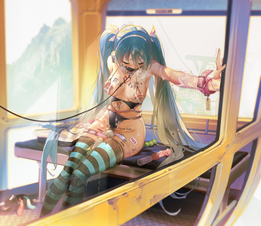 anal_beads collar cuffs cum garter hatsune_miku headphones leash leash_and_collar leash_pull leotard nipples no_bra pantsu peeing peeing_self pussy_juice sex_toy sitting sitting_pee tattoo thighhighs urination urine urine_pool vibrator vocaloid ying_yi