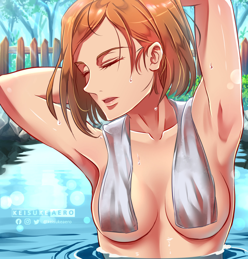 1girls alternate_version_available armpits arms_behind_head arms_up artist_name bob_cut brown_hair cleavage closed_eyes collarbone covered_nipples eyebrows eyelashes female female_only hairless_armpits hot_spring jujutsu_kaisen keisuke_aero kugisaki_nobara medium_breasts naked_towel orange_hair partially_submerged pool short_hair solo solo_female sweat sweatdrop towel towel_over_breasts twitter_username wet white_towel