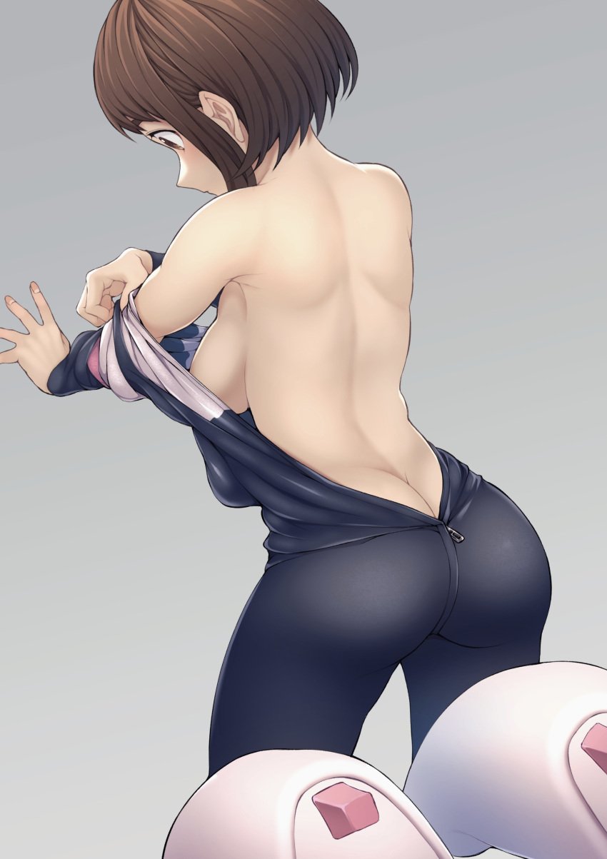 1girls ass ass_cleavage back back_view blush bodysuit boots breasts brown_eyes brown_hair butt butt_crack color female female_human female_only grey_background hero_outfit_(mha) human kneeling kobaji light-skinned_female looking_away medium_breasts my_hero_academia ochako_uraraka ochako_uraraka_(hero_outfit) rear_view short_hair sideboob solo superhero_costume superheroine undressing xiao_lin_gt zipper