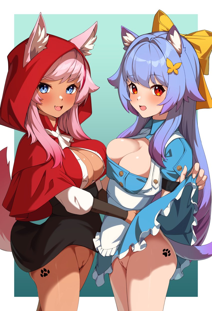 alice_in_wonderland alice_liddell animal_ears cosplay ett horny lancer_mina last_origin little_red_riding_hood mina_(last_origin) nekomimi no_bra nopan open_shirt paw_print paw_tattoo pussy skirt_lift tail tattoo uncensored x-00_tiamat