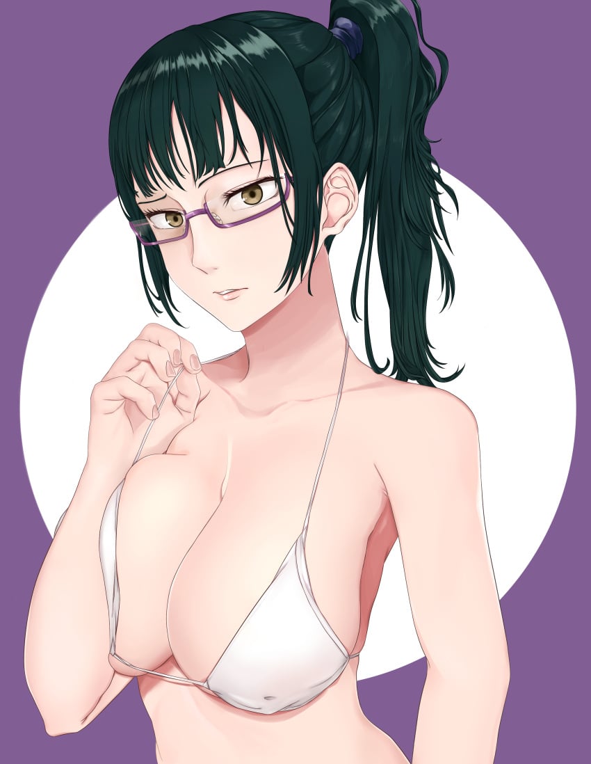 1girls 2021 alternate_version_available bare_shoulders big_breasts bikini bikini_lift bikini_top bikini_top_lift breasts cleavage collarbone covered_nipples eyebrows eyelashes female female_focus female_only glasses green_hair jujutsu_kaisen kazukine ponytail simple_background solo solo_female solo_focus upper_body white_background white_bikini white_bikini_top zenin_maki