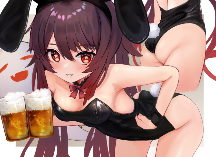 1girls alcohol ass beer beer_mug bent_over blush brown_hair bunny_ears bunny_girl bunny_tail bunnysuit drink female genshin_impact ghost hi_res hu_tao_(genshin_impact) looking_at_viewer marisayaka petite playboy_bunny red_eyes smile twintails waitress