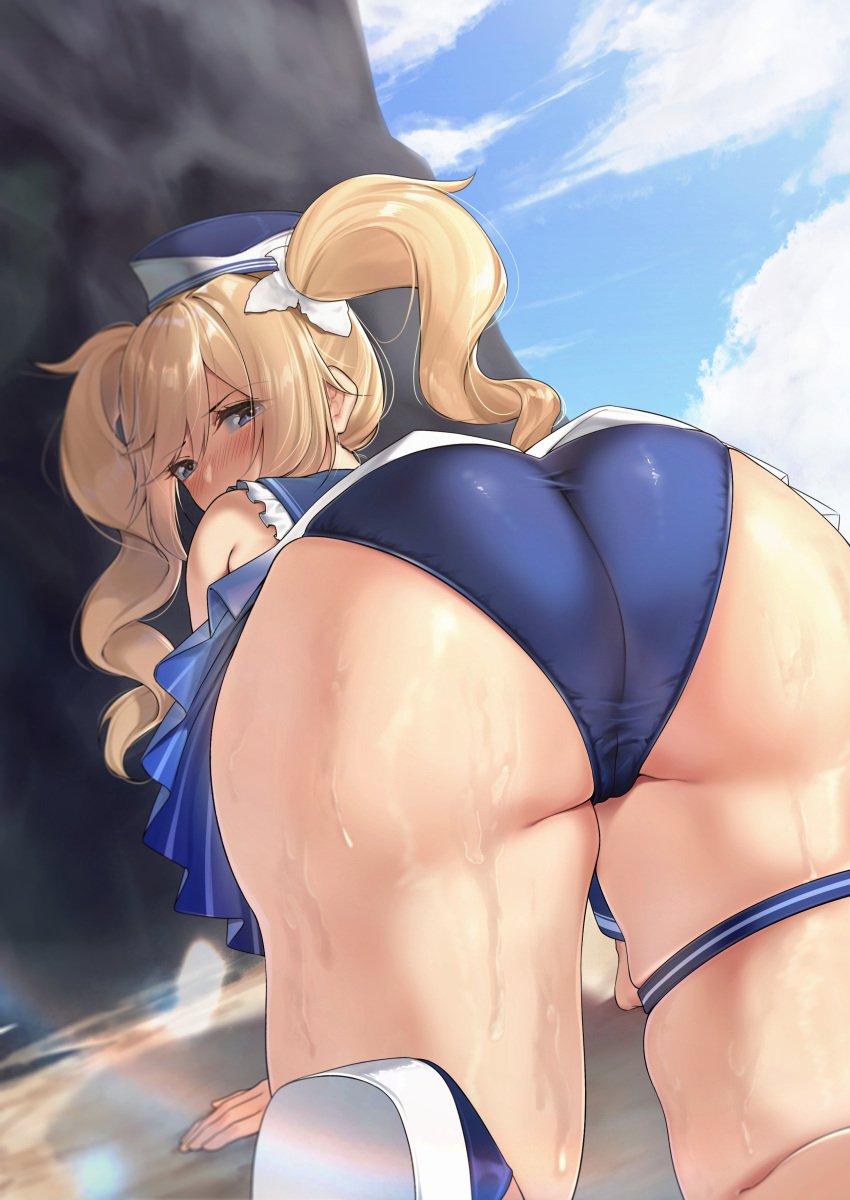 1girls all_fours ass ass_focus barbara_(genshin_impact) barbara_(summertime_sparkle)_(genshin_impact) beach bent_over big_ass blonde_hair blue_eyes blush bubble_ass dat_ass female from_behind genshin_impact hat hi_res high_heel_sandals huge_ass keinv looking_at_viewer looking_back maskwolf nun one-piece_swimsuit presenting_ass sandals solo solo_female solo_focus swimsuit thick_thighs thigh_strap thighs wet