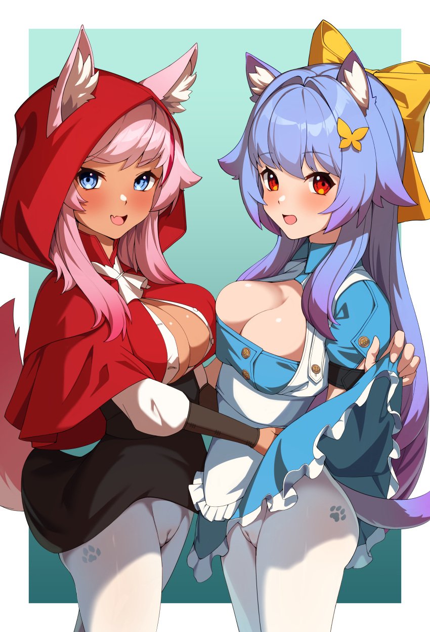 alice_in_wonderland alice_liddell animal_ears cosplay ett lancer_mina last_origin little_red_riding_hood mina_(last_origin) nekomimi no_bra nopan open_shirt pantyhose paw_print paw_tattoo pussy see-through skirt_lift tail tattoo x-00_tiamat