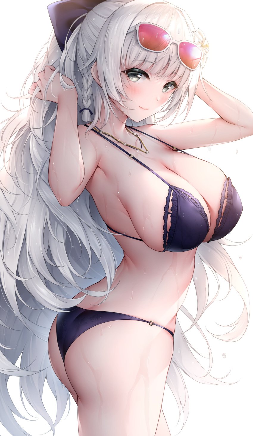 1girls ass azur_lane back big_breasts bikini braid cleavage eyewear_on_head female female_focus female_only green_eyes hand_on_head highres large_breasts long_hair looking_at_viewer megane necklace oyuwari panties pantsu simple_background solo solo_female solo_focus sunglasses sunglasses_on_head swimsuit swimwear thighs turning_around vittorio_veneto_(azur_lane) wet white_background white_hair yuwari_ume