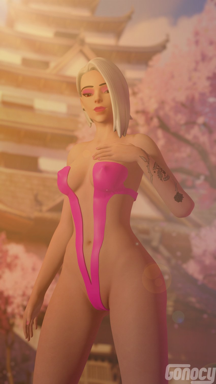 1girls 3d 3d_(artwork) ashe_(overwatch) barely_clothed bikini blender erect_nipples erection_under_clothes female female_only gonocy overwatch pussy_peek red_eyes solo tight_clothing white_hair