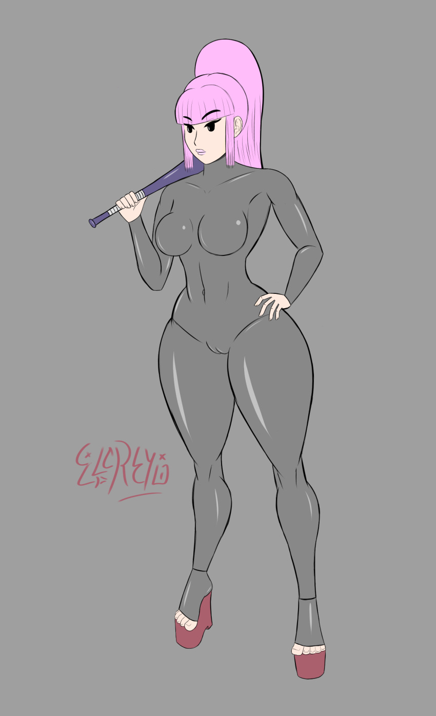 baseball_bat elcreyo elcreyo_(artist) flat_colors hand_on_hip high_heels latex latex_suit legs lipstick makeup mob_face original original_character pink_hair platform_heels simple_background simple_eyes simple_face simple_shading thick_thighs thighs wedge_heels