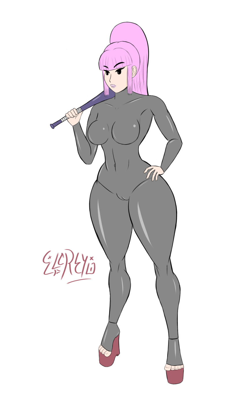 baseball_bat elcreyo elcreyo_(artist) flat_colors hand_on_hip high_heels latex latex_suit legs lipstick makeup mob_face original original_character pink_hair platform_heels simple_background simple_eyes simple_face simple_shading thick_thighs thighs transparent_background wedge_heels