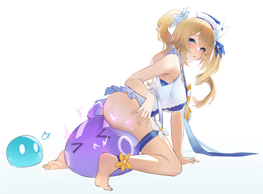 >_< 1girls ass barbara_(genshin_impact) barbara_(summertime_sparkle)_(genshin_impact) barefoot blonde_hair blue_eyes blush closed_eyes feet female genshin_impact hat hi_res janload1ng nun o_o one-piece_swimsuit pussy_juice sitting slime slime_(genshin_impact) slime_monster slime_sex swimsuit twintails