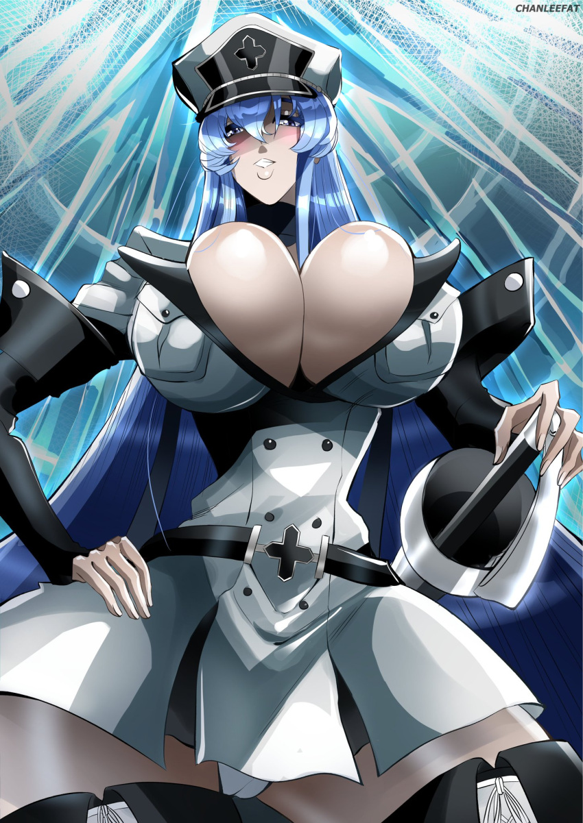 1girls akame_ga_kill! blue_hair blush breasts bursting_breasts busty chanleefat clothing digital_drawing_(artwork) digital_media_(artwork) esdeath_(akame_ga_kill!) hips sword uniform voluptuous wide_hips