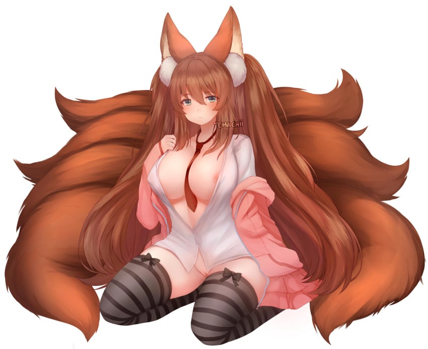 animal_ears areola bottomless erect_nipples kitsune no_bra open_shirt plushmallow pussy sweater tail temachii thighhighs uncensored