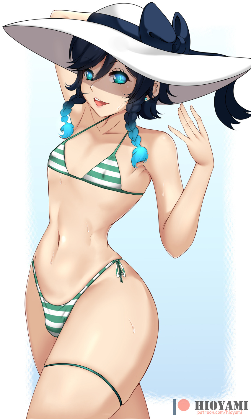 1boy 2021 androgynous bikini blue_eyes braided_twintails bulge crossdressing curvy_figure eye_contact femboy genshin_impact girly hat hioyami looking_at_viewer male male_only micro_bikini otoko_no_ko penis_bulge solo solo_male standing thick_thighs thighs trap two_tone_hair venti_(genshin_impact) wide_hips