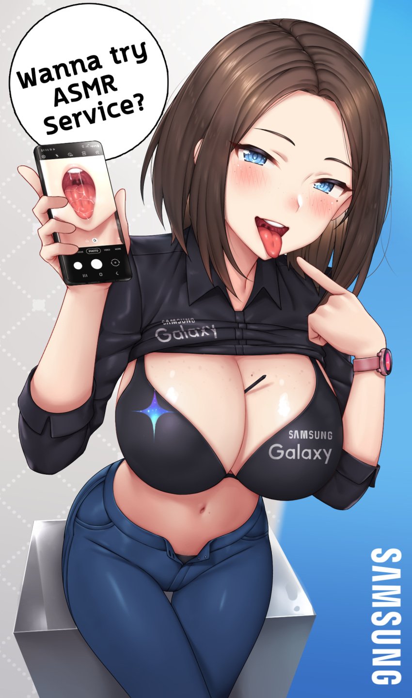 1girls big_breasts blue_eyes bob_cut bra breasts brown_hair busty cleavage ear_piercing eyelashes fellatio_gesture female female_focus female_only freckles jeans large_breasts lifting_skirt looking_at_viewer mascot medium_hair oral oral_insinuation oral_invitation pale_skin petite pose posing presenting_mouth presenting_throat samsung samsung_sam selfie shirt_up short_hair suggestive_gesture tagme text throat tongue_out unbuttoned unbuttoned_pants yakimi_27