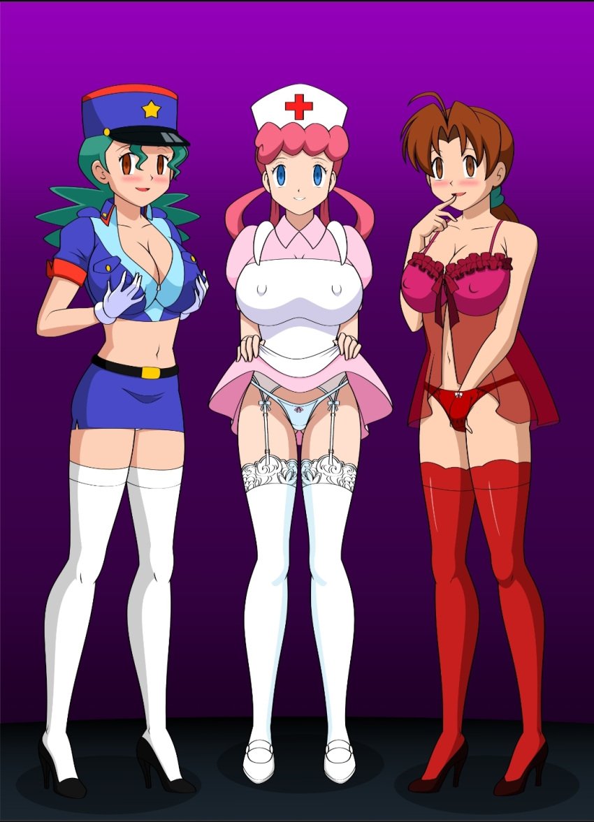 3girls big_breasts big_butt blank_eyes delia_ketchum_(pokemon) female female_only fully_clothed green_hair hat jimryu lingerie masturbation mind_control multiple_girls nurse nurse_joy officer_jenny_(pokemon) pink_hair pokemon police_uniform smile stockings underwear