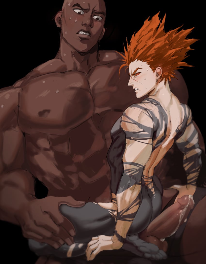 2boys abs absurdres ass bald black_background black_bodysuit blush bodysuit briefs clenched_teeth colored_sclera cum dark-skinned_male dark_skin dudlesnudy ejaculation erection feet garou_(one-punch_man) gay highres large_penis looking_at_another male male/male male_focus male_only male_underwear multiple_boys muscular muscular_male nipples one-punch_man orange_hair orange_sclera pectorals penis pointy_hair precum scar scar_on_face sitting sitting_on_lap sitting_on_person size_difference superalloy_darkshine sweat teeth testicles torn_clothes underwear yaoi yellow_eyes