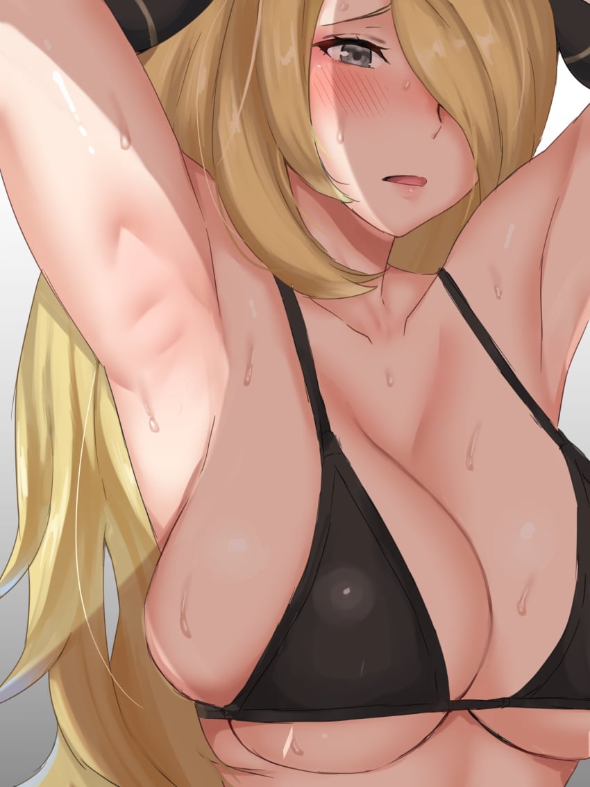 1girls alternate_breast_size armpits big_breasts blonde blonde_female blonde_hair blonde_hair_female blush breasts cynthia_(pokemon) female grey_eyes hair_ornament huge_breasts large_breasts long_hair mana_nzmr nintendo pokemon pokemon_champion pokemon_dppt solo sweat