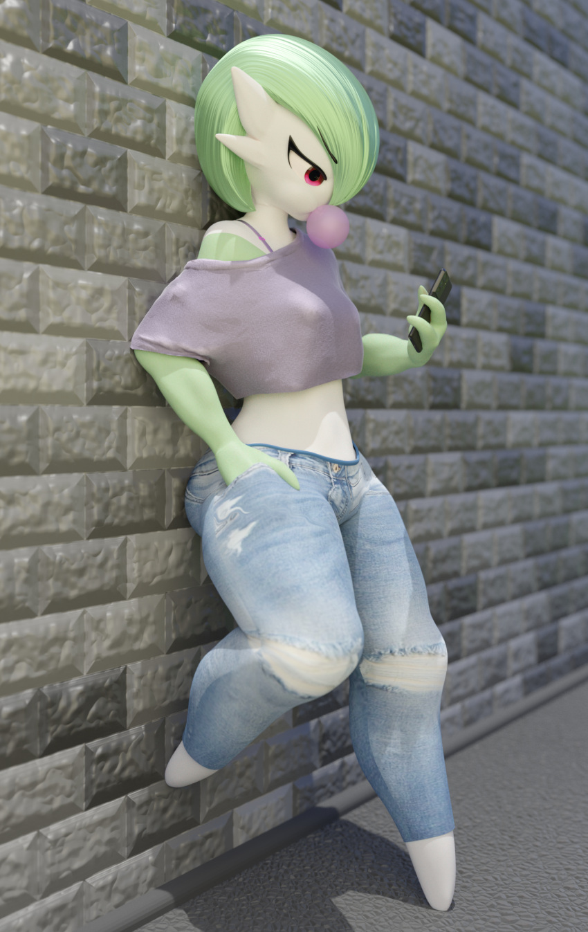 1girls 3d anthro breasts bubble_gum female female_gardevoir female_only gardevoir green_hair hips jeans nintendo phone pokémon_(species) pokemon pokemon_(species) pokemon_rse small_breasts solo solo_female thick thick_thighs thighs tradelt wide_hips