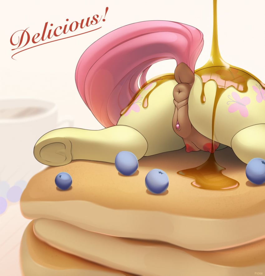 anatomically_correct animal_genitalia animal_pussy anus ass blueberries blueberry_(not_the_fetish) breakfast clitoris crotchboobs english_text female female_only fluttershy_(mlp) food_fetish food_on_ass food_on_body food_play friendship_is_magic maple_syrup my_little_pony nookprint pancakes pink_hair ponut pony pussy solo_female syrup text vagina white_background yellow_body