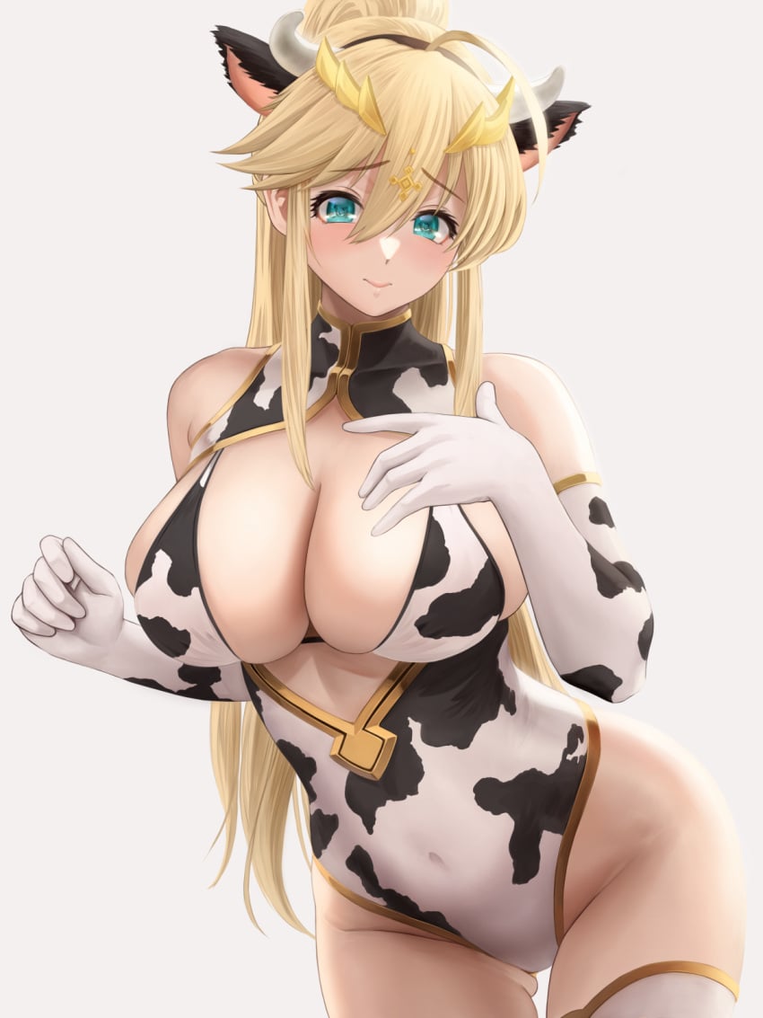 1girls ahoge animal_ears animal_print artoria_pendragon artoria_pendragon_(lancer) ass_visible_through_thighs bangs bare_shoulders big_breasts black_gloves black_leotard blonde_hair blush breasts cleavage closed_mouth covered_navel cow_ears cow_girl cow_horns cow_print elbow_gloves eyebrows_visible_through_hair fake_animal_ears fake_horns fate/grand_order fate_(series) female female_only gloves gluteal_fold groin hair_between_eyes hands_up highres horns huge_breasts leaning_forward leotard long_hair looking_at_viewer sidelocks smile solo solo_female thighhighs white_gloves white_leotard yamaneko_(tkdrumsco)