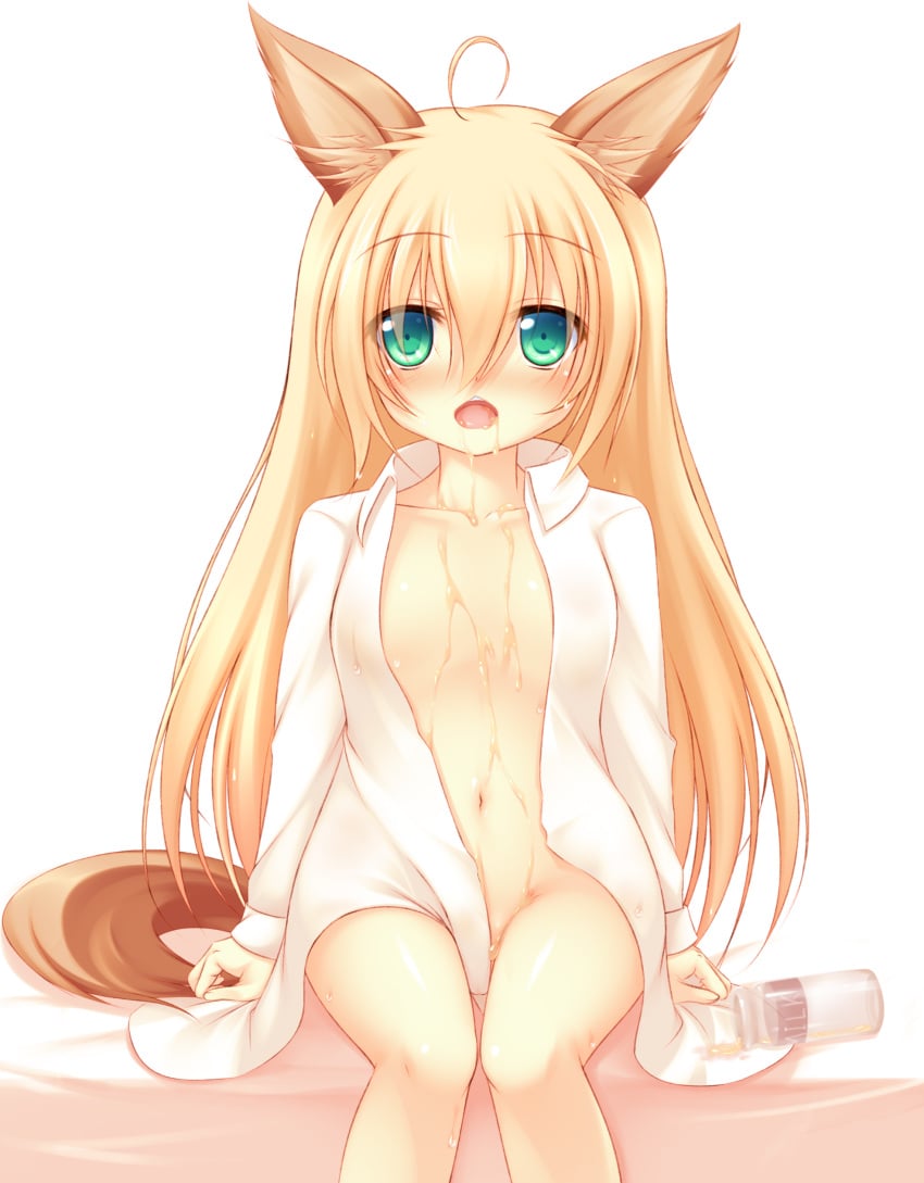 animal_ears animal_humanoid animal_tail bangs blonde_hair bottomless breasts censored convenient_censoring elin_(tera) eyebrows eyebrows_visible_through_hair green_eyes hair humanoid kemonomimi long_hair milk milk_bottle navel no_bra no_panties nopan open_mouth psyche_(psyche3313) shirt shirt_only suggestive suggestive_fluid tail tera tera_online