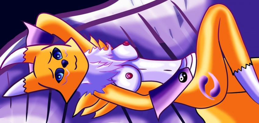 :3 anthro blue_eyes digimon female furry hair_tuft large_breasts lying lying_on_back renamon smile solo superhypersonic2000 yellow_fur