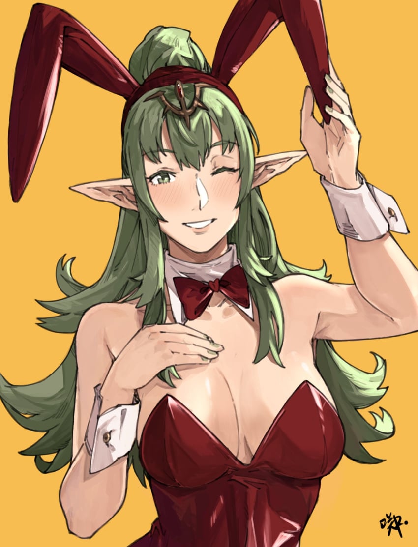 1girls aged_up alternate_costume bare_shoulders breasts bunny_ears bunny_girl bunnysuit english_commentary female female_only fire_emblem fire_emblem_awakening green_eyes green_hair highres large_breasts leotard long_hair looking_at_viewer nintendo one_eye_closed playboy_bunny pointy_ears ponytail red_leotard sakuremi smile solo strapless strapless_leotard tiara tiki_(adult)_(fire_emblem) tiki_(fire_emblem) wrist_cuffs