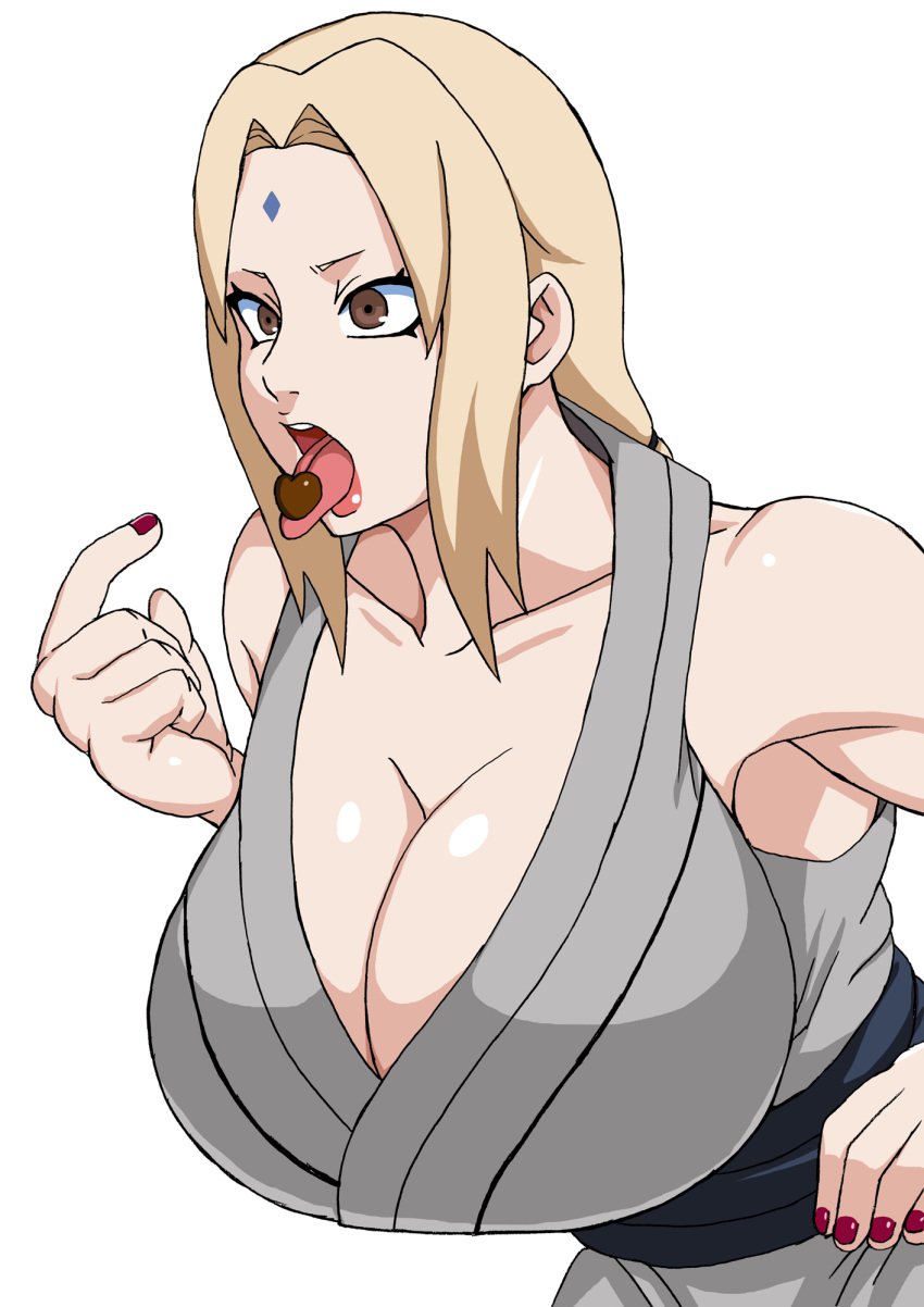 1girls big_breasts blonde_hair brown_eyes chocolate_on_mouth chocolate_on_tongue cleavage clothed clothed_female clothes clothing female female_only fully_clothed naruho naruto naruto_(series) naruto_shippuden open_mouth red_lipstick red_nails solo tongue_out tsunade