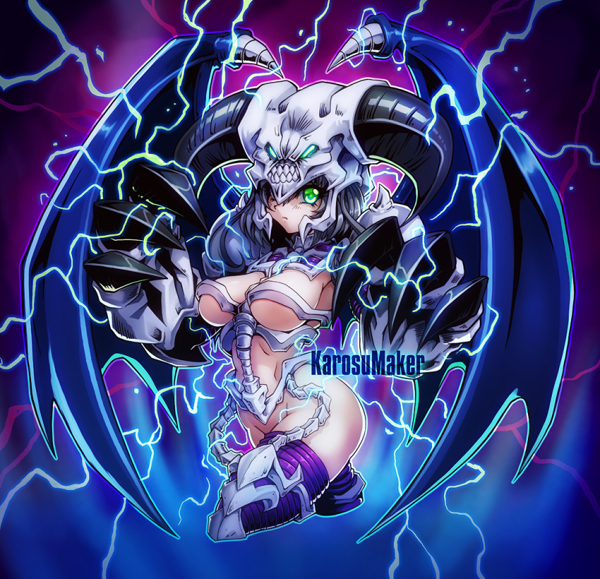 archfiend’s_awakening duel_monster female gijinka green_eyes horns karosu-maker lightning monster_girl skull summoned_skull watermark wings yu-gi-oh!