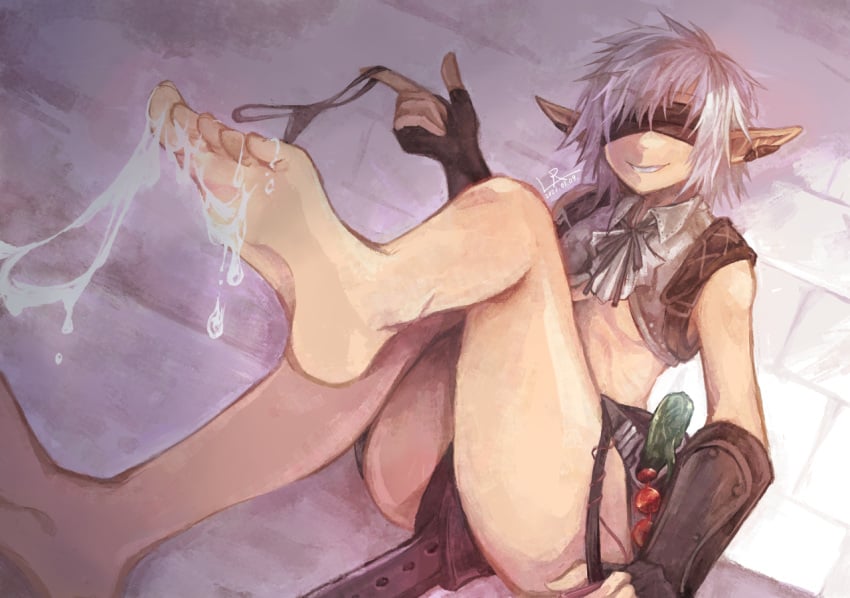 bangs barefoot black_panties blindfold breasts brown_gloves collared_shirt commentary_request crop_top cum cum_on_feet cum_string dated elezen elf eyebrows_visible_through_hair feet female final_fantasy final_fantasy_xiv fingerless_gloves foot_focus foot_out_of_frame gloves grin holding holding_clothes holding_panties holding_underwear legs lunaraven panties pointy_ears pouch shirt short_hair signature sleeveless sleeveless_shirt small_breasts smile soles solo underwear white_hair white_shirt