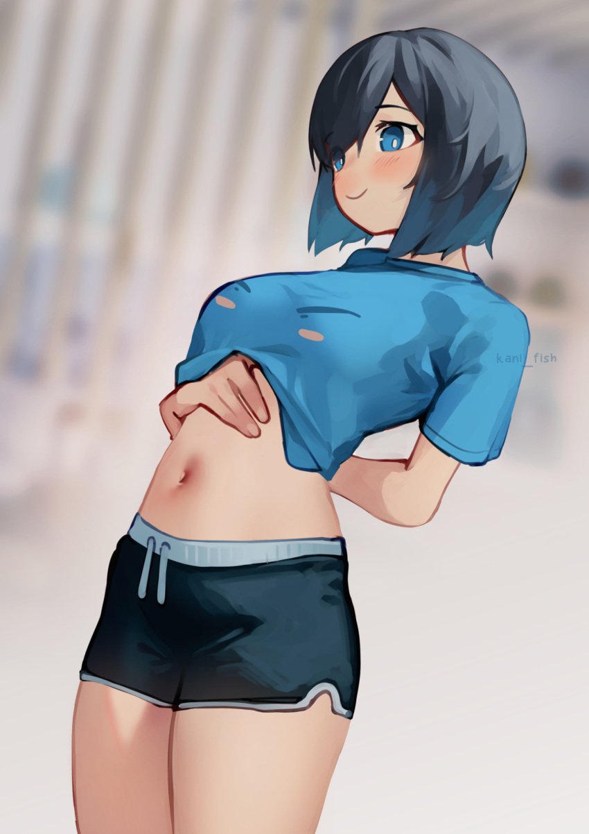 arched_back arms_behind_back black_hair blue_eyes blue_shirt blush breasts eyebrows_visible_through_hair kani_fish midriff multicolored_hair navel original shirt shirt_lift short_hair short_shorts smile thighs